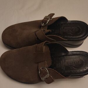 Brown Leather Mules by Fly Flot Size 38 Silver Buckle